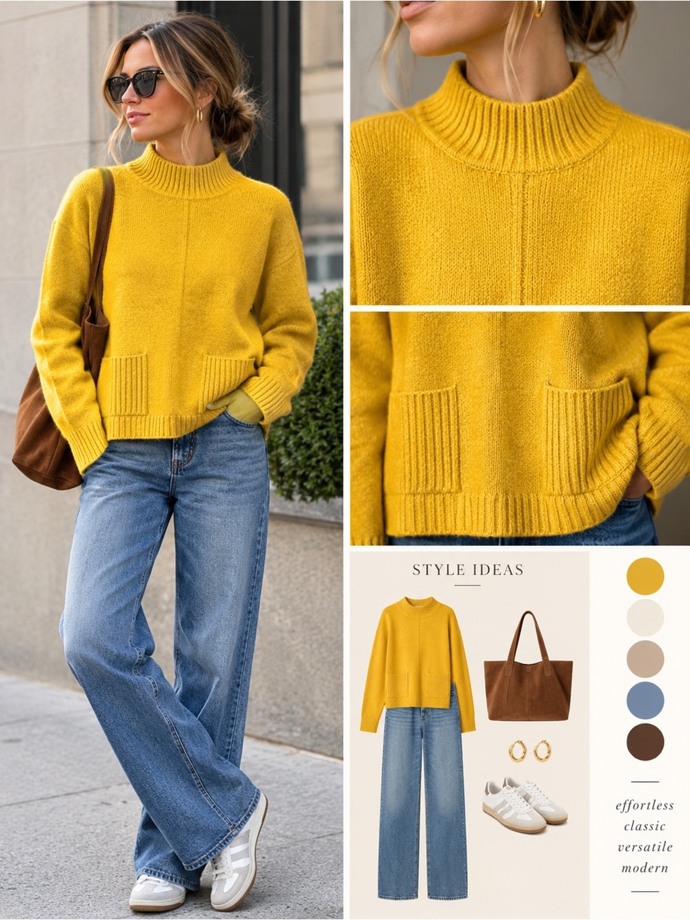 Marled Mustard Ribbed Cowl Neck Sweater with Pockets